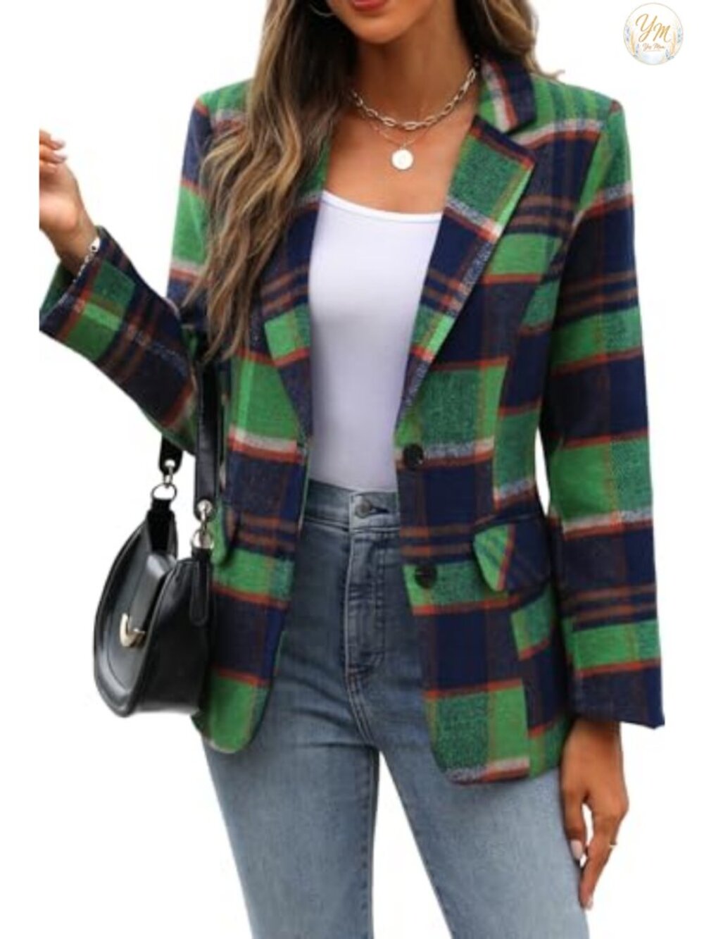Women's Plaid Blazer Business Casual Suit Jacket Notched Lapel Button